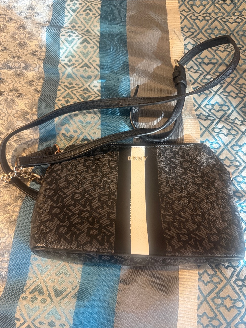 DKNY Black Crossbody with Cream Center Stripe and Monogram